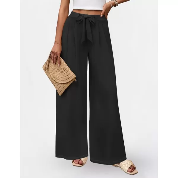 imageZESICA Womens 2024 Fall Knit Wide Leg Pants High Waist Adjustable Knot Loose Casual Flowy Long Trousers with PocketsBlack