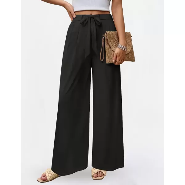 imageZESICA Womens 2024 Fall Knit Wide Leg Pants High Waist Adjustable Knot Loose Casual Flowy Long Trousers with PocketsBlack