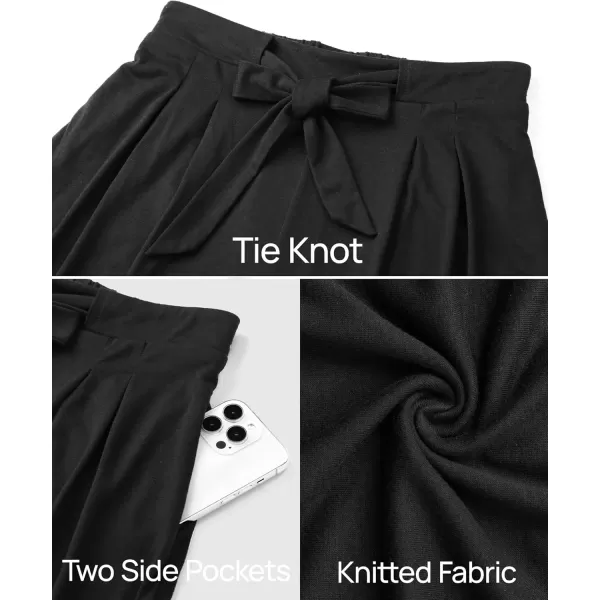imageZESICA Womens 2024 Fall Knit Wide Leg Pants High Waist Adjustable Knot Loose Casual Flowy Long Trousers with PocketsBlack