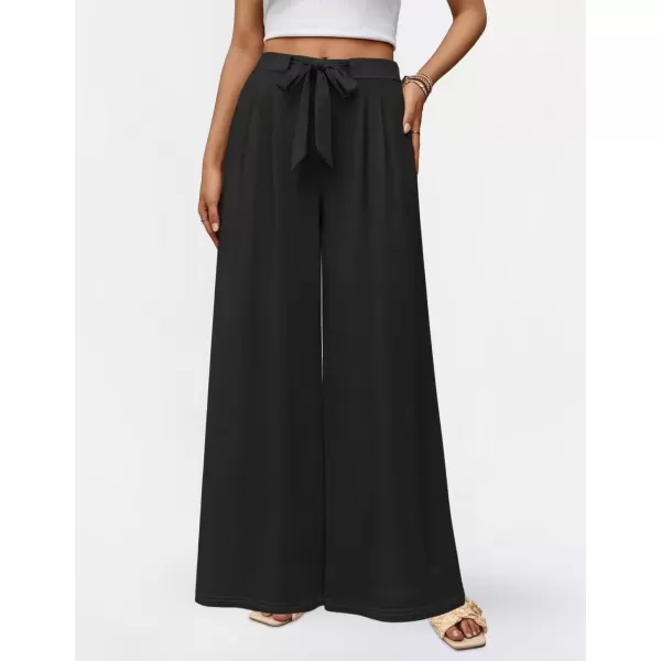 imageZESICA Womens 2024 Fall Knit Wide Leg Pants High Waist Adjustable Knot Loose Casual Flowy Long Trousers with PocketsBlack