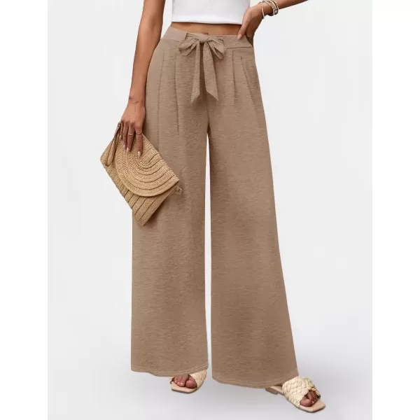 imageZESICA Womens 2024 Fall Knit Wide Leg Pants High Waist Adjustable Knot Loose Casual Flowy Long Trousers with PocketsBrown
