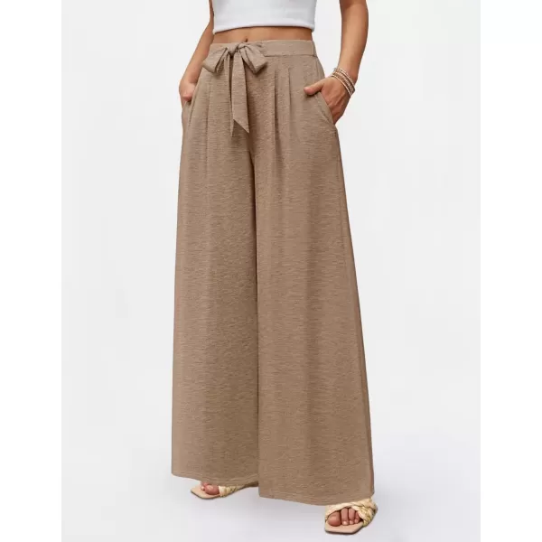 imageZESICA Womens 2024 Fall Knit Wide Leg Pants High Waist Adjustable Knot Loose Casual Flowy Long Trousers with PocketsBrown