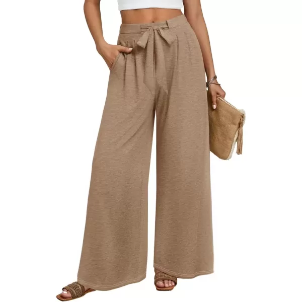 imageZESICA Womens 2024 Fall Knit Wide Leg Pants High Waist Adjustable Knot Loose Casual Flowy Long Trousers with PocketsBrown
