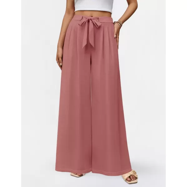 imageZESICA Womens 2024 Fall Knit Wide Leg Pants High Waist Adjustable Knot Loose Casual Flowy Long Trousers with PocketsDirty Pink