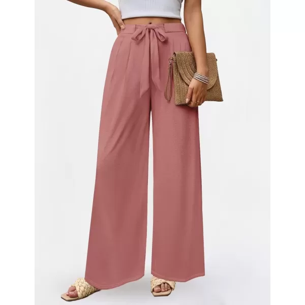 imageZESICA Womens 2024 Fall Knit Wide Leg Pants High Waist Adjustable Knot Loose Casual Flowy Long Trousers with PocketsDirty Pink