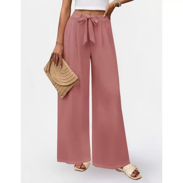 imageZESICA Womens 2024 Fall Knit Wide Leg Pants High Waist Adjustable Knot Loose Casual Flowy Long Trousers with PocketsDirty Pink