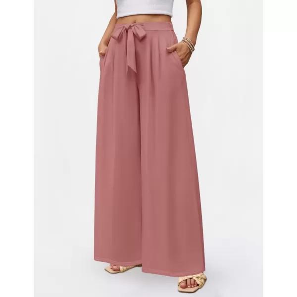 imageZESICA Womens 2024 Fall Knit Wide Leg Pants High Waist Adjustable Knot Loose Casual Flowy Long Trousers with PocketsDirty Pink