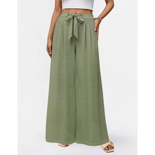 imageZESICA Womens 2024 Fall Knit Wide Leg Pants High Waist Adjustable Knot Loose Casual Flowy Long Trousers with PocketsGreen