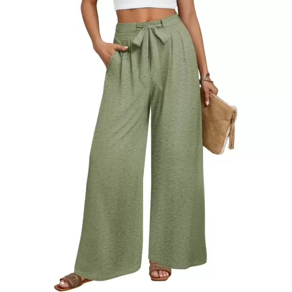 imageZESICA Womens 2024 Fall Knit Wide Leg Pants High Waist Adjustable Knot Loose Casual Flowy Long Trousers with PocketsGreen
