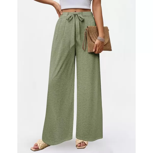 imageZESICA Womens 2024 Fall Knit Wide Leg Pants High Waist Adjustable Knot Loose Casual Flowy Long Trousers with PocketsGreen