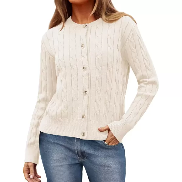 imageZESICA Womens 2024 Fall Winter Cable Knit Cardigan Sweaters Long Sleeve Crew Neck Button Open Front OutwearApricot