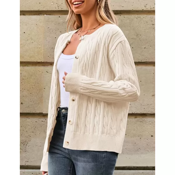 imageZESICA Womens 2024 Fall Winter Cable Knit Cardigan Sweaters Long Sleeve Crew Neck Button Open Front OutwearApricot