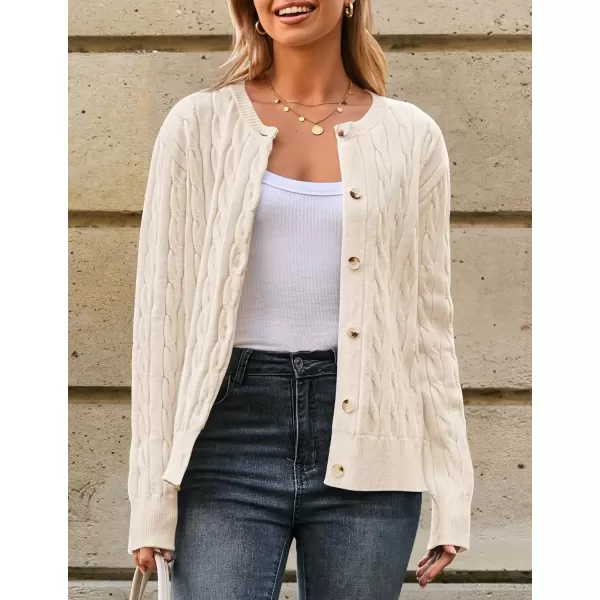 imageZESICA Womens 2024 Fall Winter Cable Knit Cardigan Sweaters Long Sleeve Crew Neck Button Open Front OutwearApricot