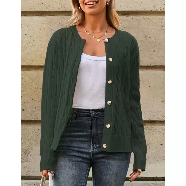 imageZESICA Womens 2024 Fall Winter Cable Knit Cardigan Sweaters Long Sleeve Crew Neck Button Open Front OutwearArmygreen