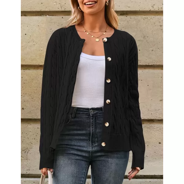 imageZESICA Womens 2024 Fall Winter Cable Knit Cardigan Sweaters Long Sleeve Crew Neck Button Open Front OutwearBlack