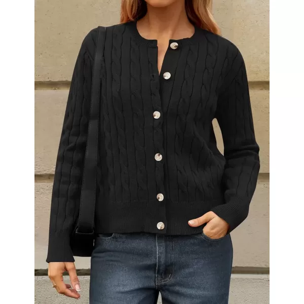imageZESICA Womens 2024 Fall Winter Cable Knit Cardigan Sweaters Long Sleeve Crew Neck Button Open Front OutwearBlack