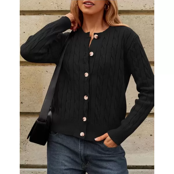 imageZESICA Womens 2024 Fall Winter Cable Knit Cardigan Sweaters Long Sleeve Crew Neck Button Open Front OutwearBlack