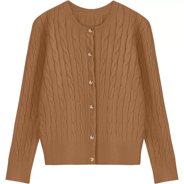 imageZESICA Womens 2024 Fall Winter Cable Knit Cardigan Sweaters Long Sleeve Crew Neck Button Open Front OutwearCamel