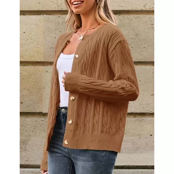 imageZESICA Womens 2024 Fall Winter Cable Knit Cardigan Sweaters Long Sleeve Crew Neck Button Open Front OutwearCamel