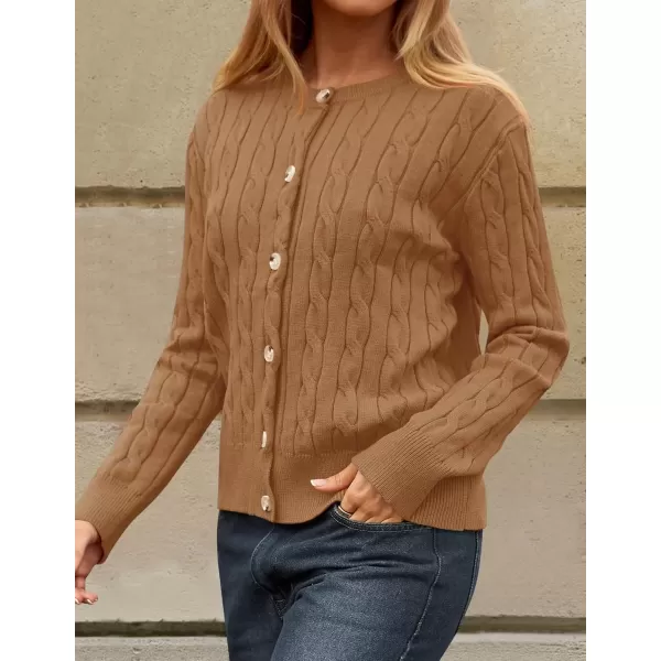 imageZESICA Womens 2024 Fall Winter Cable Knit Cardigan Sweaters Long Sleeve Crew Neck Button Open Front OutwearCamel