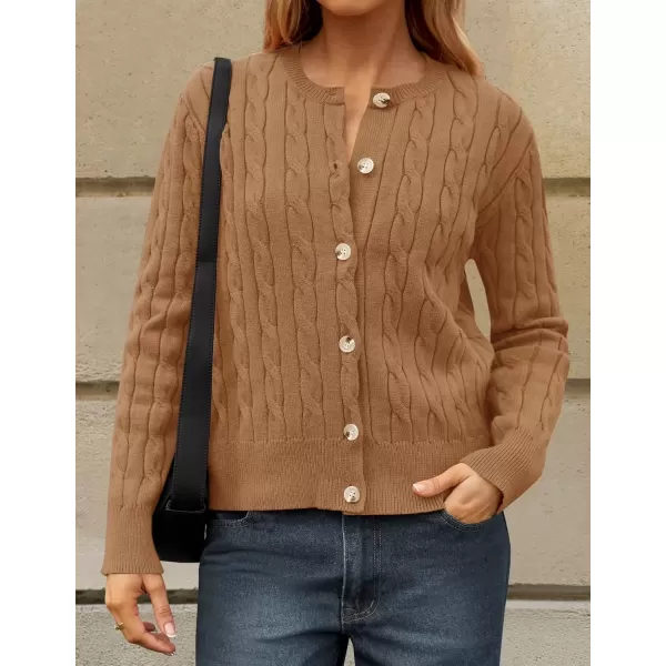 imageZESICA Womens 2024 Fall Winter Cable Knit Cardigan Sweaters Long Sleeve Crew Neck Button Open Front OutwearCamel