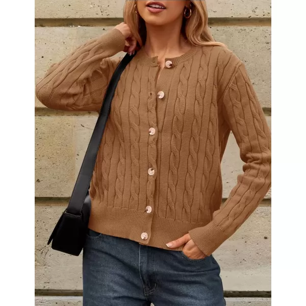 imageZESICA Womens 2024 Fall Winter Cable Knit Cardigan Sweaters Long Sleeve Crew Neck Button Open Front OutwearCamel