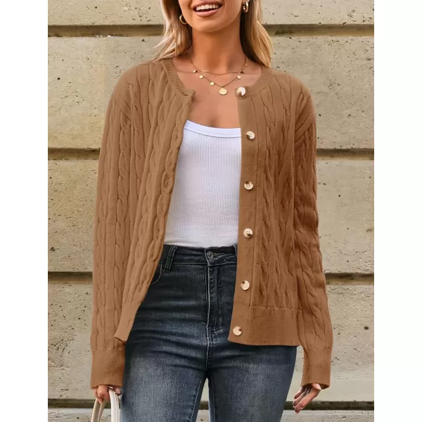 imageZESICA Womens 2024 Fall Winter Cable Knit Cardigan Sweaters Long Sleeve Crew Neck Button Open Front OutwearCamel
