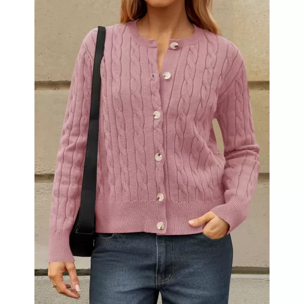 imageZESICA Womens 2024 Fall Winter Cable Knit Cardigan Sweaters Long Sleeve Crew Neck Button Open Front OutwearDustypink