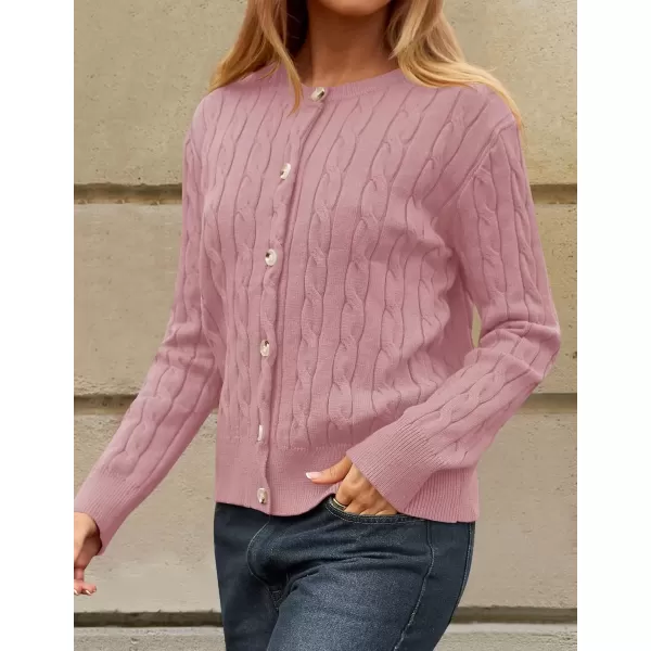 imageZESICA Womens 2024 Fall Winter Cable Knit Cardigan Sweaters Long Sleeve Crew Neck Button Open Front OutwearDustypink