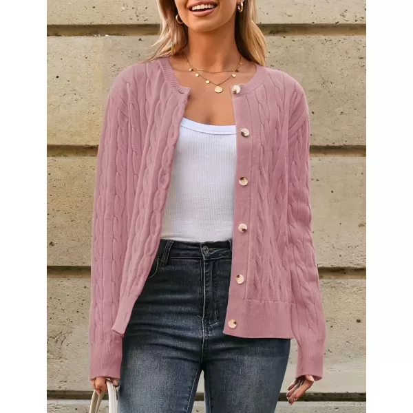 imageZESICA Womens 2024 Fall Winter Cable Knit Cardigan Sweaters Long Sleeve Crew Neck Button Open Front OutwearDustypink
