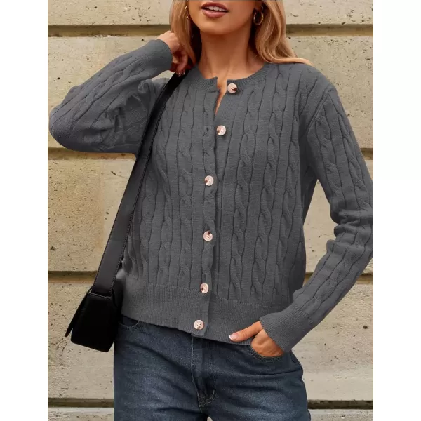 imageZESICA Womens 2024 Fall Winter Cable Knit Cardigan Sweaters Long Sleeve Crew Neck Button Open Front OutwearGray