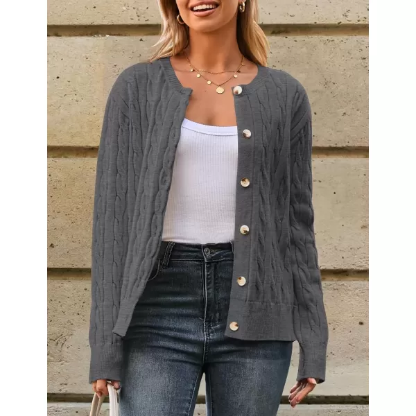 imageZESICA Womens 2024 Fall Winter Cable Knit Cardigan Sweaters Long Sleeve Crew Neck Button Open Front OutwearGray