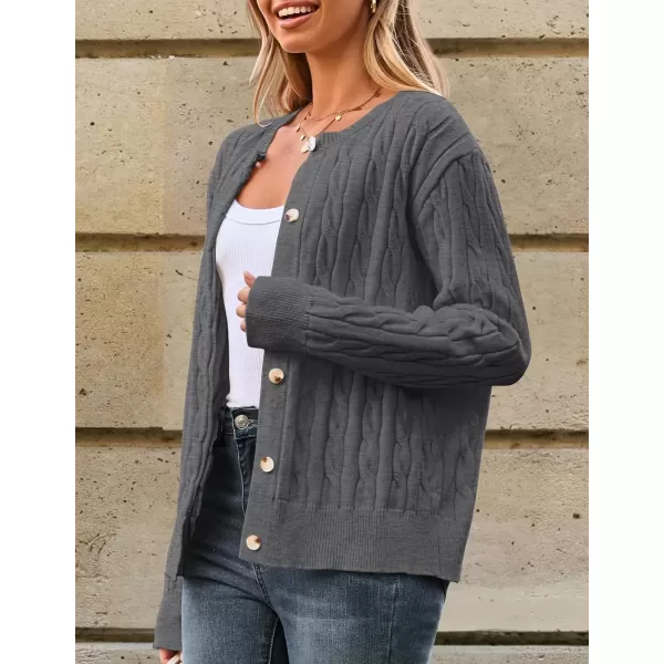 imageZESICA Womens 2024 Fall Winter Cable Knit Cardigan Sweaters Long Sleeve Crew Neck Button Open Front OutwearGray