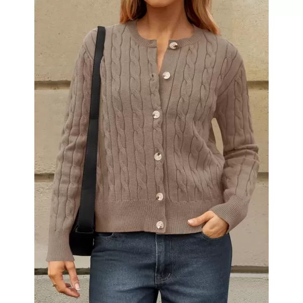 imageZESICA Womens 2024 Fall Winter Cable Knit Cardigan Sweaters Long Sleeve Crew Neck Button Open Front OutwearKhaki