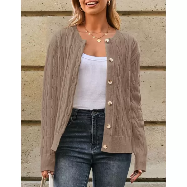 imageZESICA Womens 2024 Fall Winter Cable Knit Cardigan Sweaters Long Sleeve Crew Neck Button Open Front OutwearKhaki