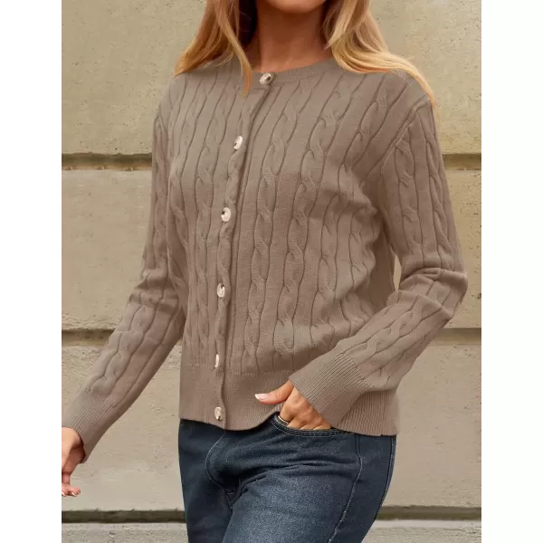 imageZESICA Womens 2024 Fall Winter Cable Knit Cardigan Sweaters Long Sleeve Crew Neck Button Open Front OutwearKhaki