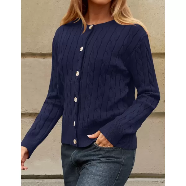 imageZESICA Womens 2024 Fall Winter Cable Knit Cardigan Sweaters Long Sleeve Crew Neck Button Open Front OutwearNavy