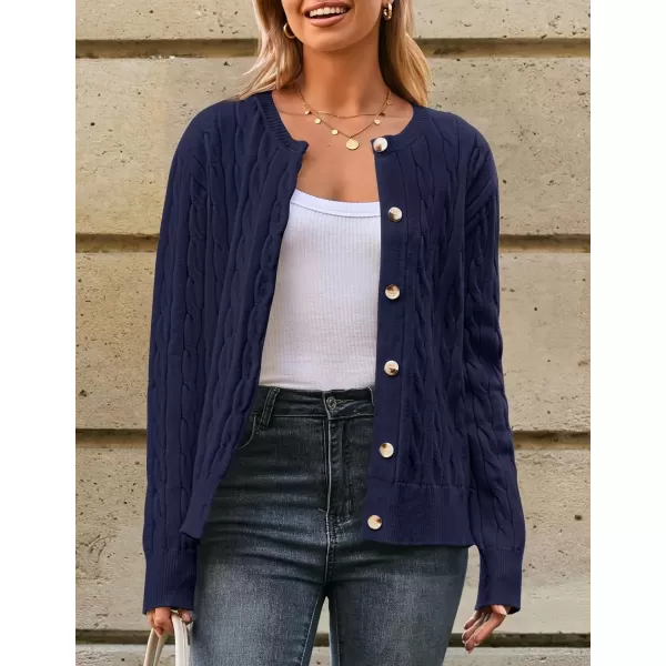 imageZESICA Womens 2024 Fall Winter Cable Knit Cardigan Sweaters Long Sleeve Crew Neck Button Open Front OutwearNavy