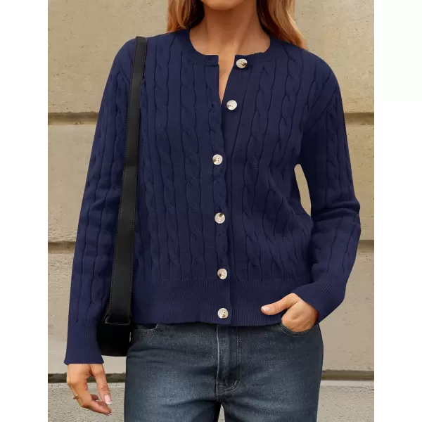 imageZESICA Womens 2024 Fall Winter Cable Knit Cardigan Sweaters Long Sleeve Crew Neck Button Open Front OutwearNavy