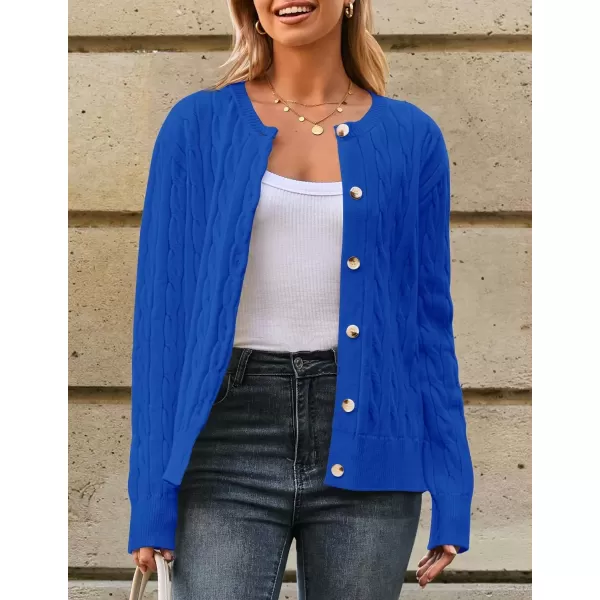 imageZESICA Womens 2024 Fall Winter Cable Knit Cardigan Sweaters Long Sleeve Crew Neck Button Open Front OutwearRoyalblue