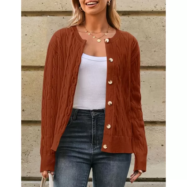 imageZESICA Womens 2024 Fall Winter Cable Knit Cardigan Sweaters Long Sleeve Crew Neck Button Open Front OutwearRust