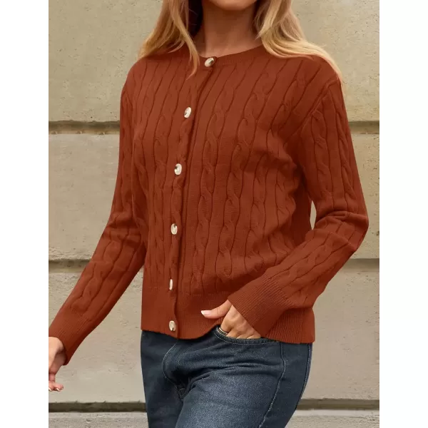 imageZESICA Womens 2024 Fall Winter Cable Knit Cardigan Sweaters Long Sleeve Crew Neck Button Open Front OutwearRust