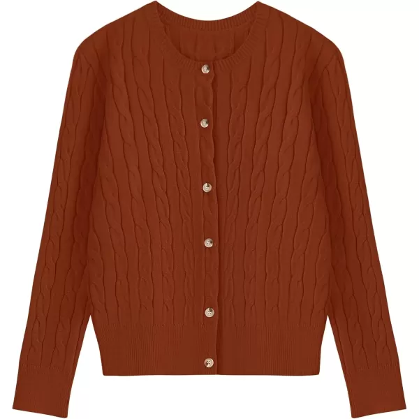 imageZESICA Womens 2024 Fall Winter Cable Knit Cardigan Sweaters Long Sleeve Crew Neck Button Open Front OutwearRust