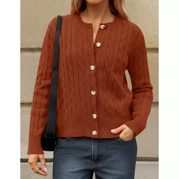 imageZESICA Womens 2024 Fall Winter Cable Knit Cardigan Sweaters Long Sleeve Crew Neck Button Open Front OutwearRust