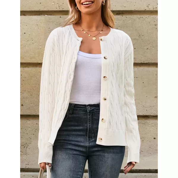 imageZESICA Womens 2024 Fall Winter Cable Knit Cardigan Sweaters Long Sleeve Crew Neck Button Open Front OutwearWhite