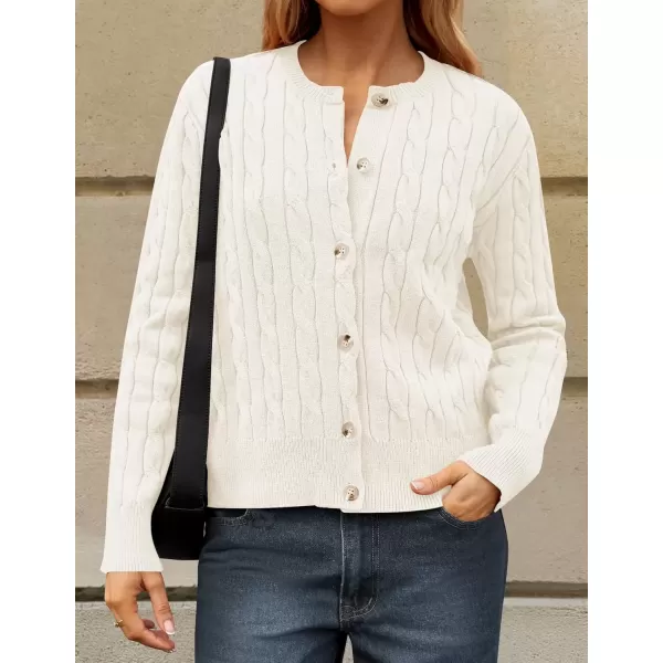 imageZESICA Womens 2024 Fall Winter Cable Knit Cardigan Sweaters Long Sleeve Crew Neck Button Open Front OutwearWhite