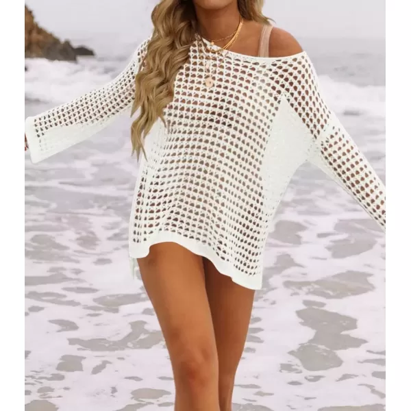 imageZESICA Womens 2024 Summer Crochet Hollow Out Long Sleeve Beach Bikini Swimsuit Mesh Cover Up Tunic TopApricot