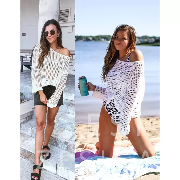 imageZESICA Womens 2024 Summer Crochet Hollow Out Long Sleeve Beach Bikini Swimsuit Mesh Cover Up Tunic TopApricot