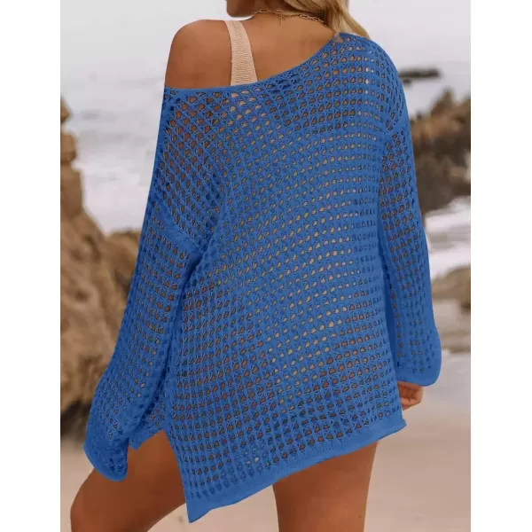 imageZESICA Womens 2024 Summer Crochet Hollow Out Long Sleeve Beach Bikini Swimsuit Mesh Cover Up Tunic TopBlue