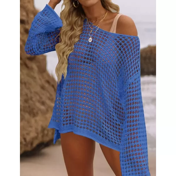 imageZESICA Womens 2024 Summer Crochet Hollow Out Long Sleeve Beach Bikini Swimsuit Mesh Cover Up Tunic TopBlue